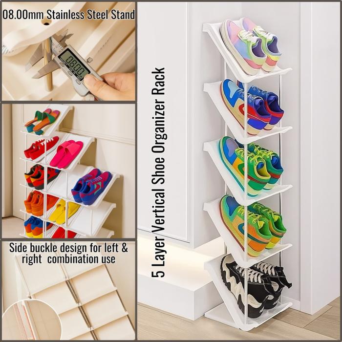 5 Layer Vertical Shoe Rack Space Saving Cabinet With Strong Load Bearing Stainless Steel Stand_000368